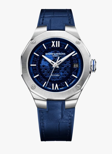 The 39 mm watch features a smoked blue sapphire dial