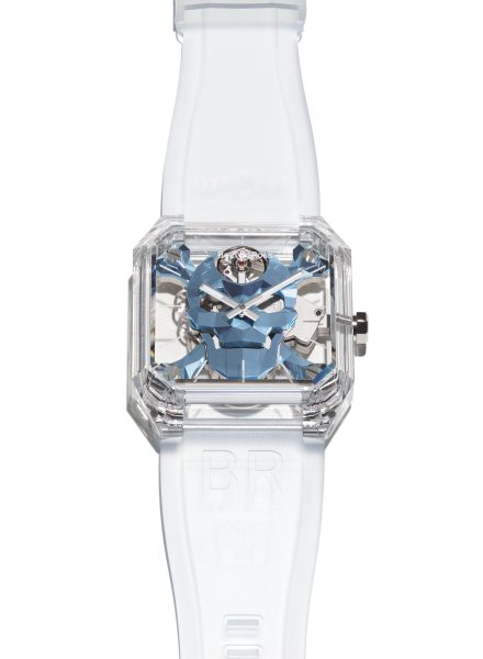 The icy blue skull serves as the focal point of this avant garde timepiece